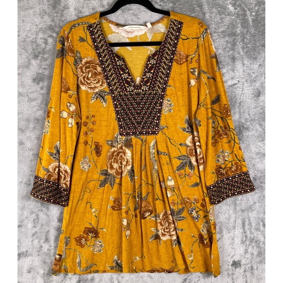 Soft Surroundings Tops - Soft Surroundings Etana Floral Tunic Top Womens XL Yellow Emboidered Art to wear